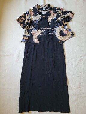 Vintage 90's 2 Piece Tank Dress & Button Front Blouse Black Asian Print